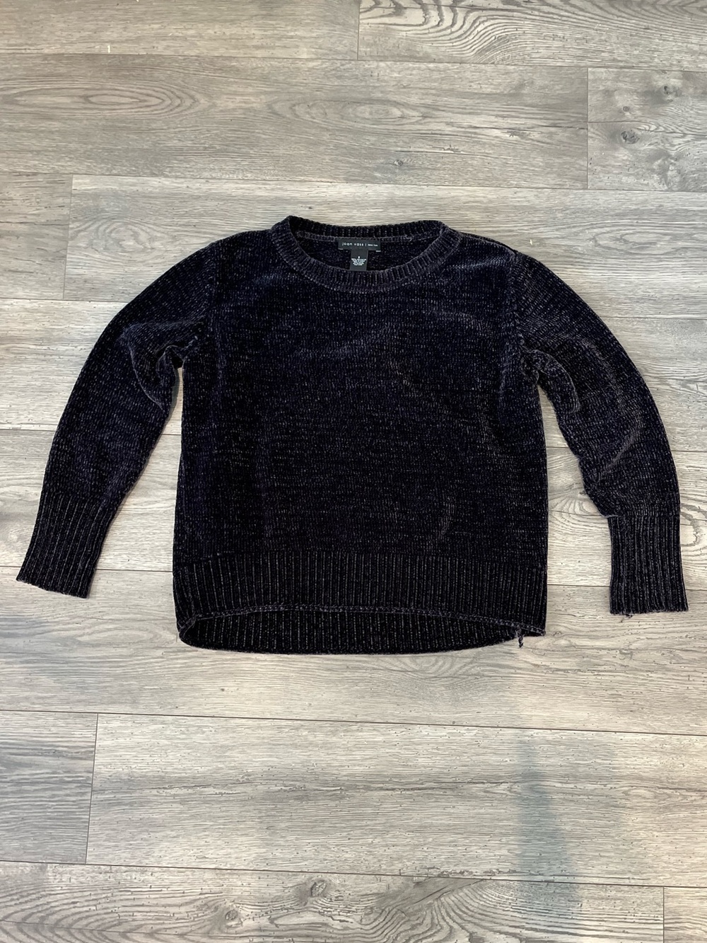 Joan Vass Women’s Chenille Crewneck Sweater Plush Velvety Knit Black Small Soft